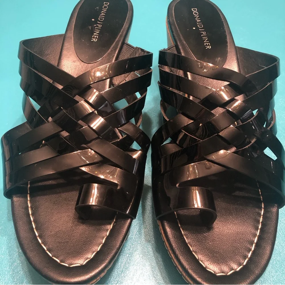 Donald J. Pliner Black Woven Leather Cork Wedge Sandals